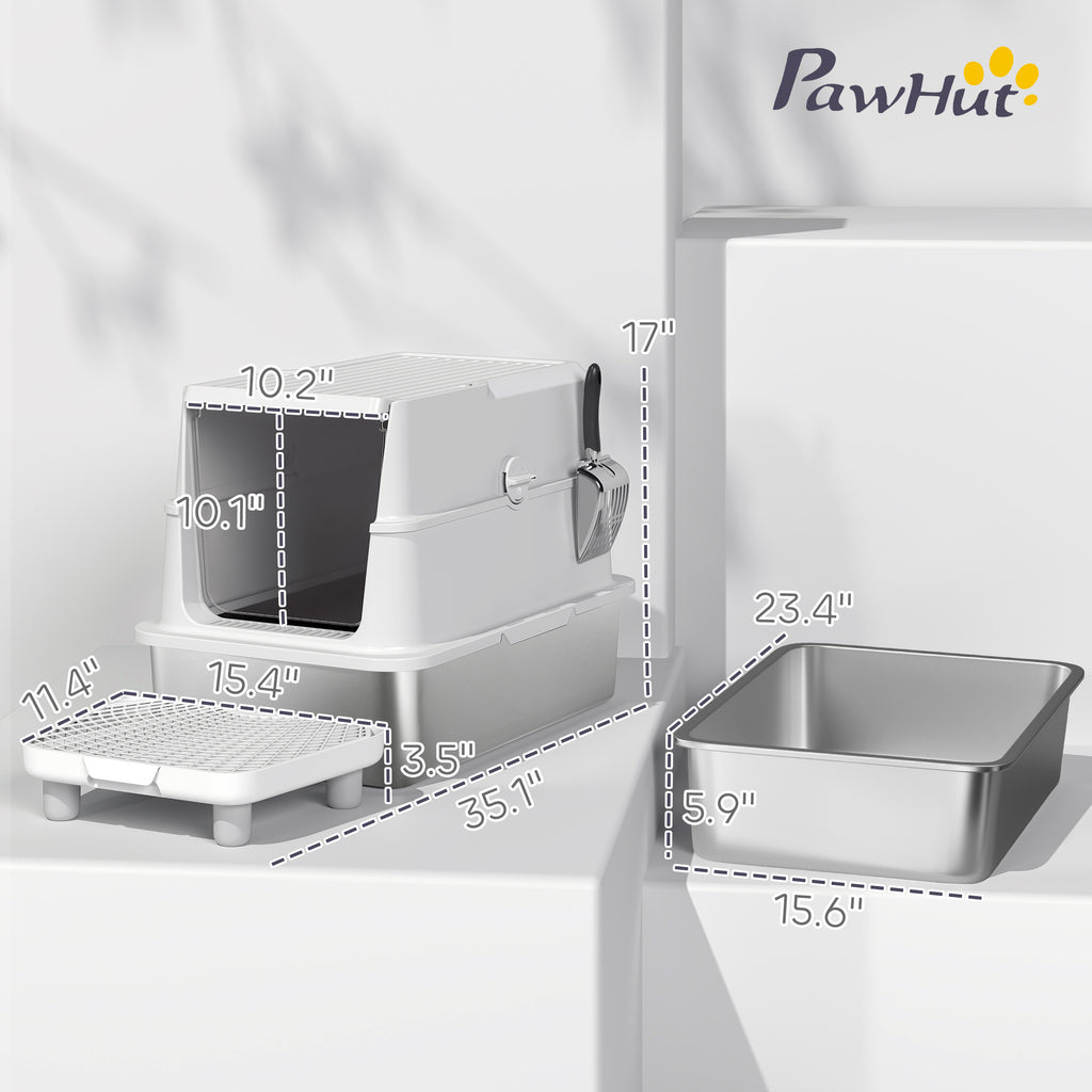 Extra Large Stainless Steel Cat Litter Box for Big Cats with Flip Cover, High-Sided Enclosure & Scoop