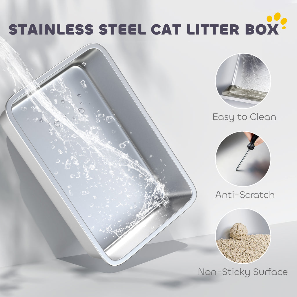 Extra Large Stainless Steel Cat Litter Box for Big Cats with Flip Cover, High-Sided Enclosure & Scoop