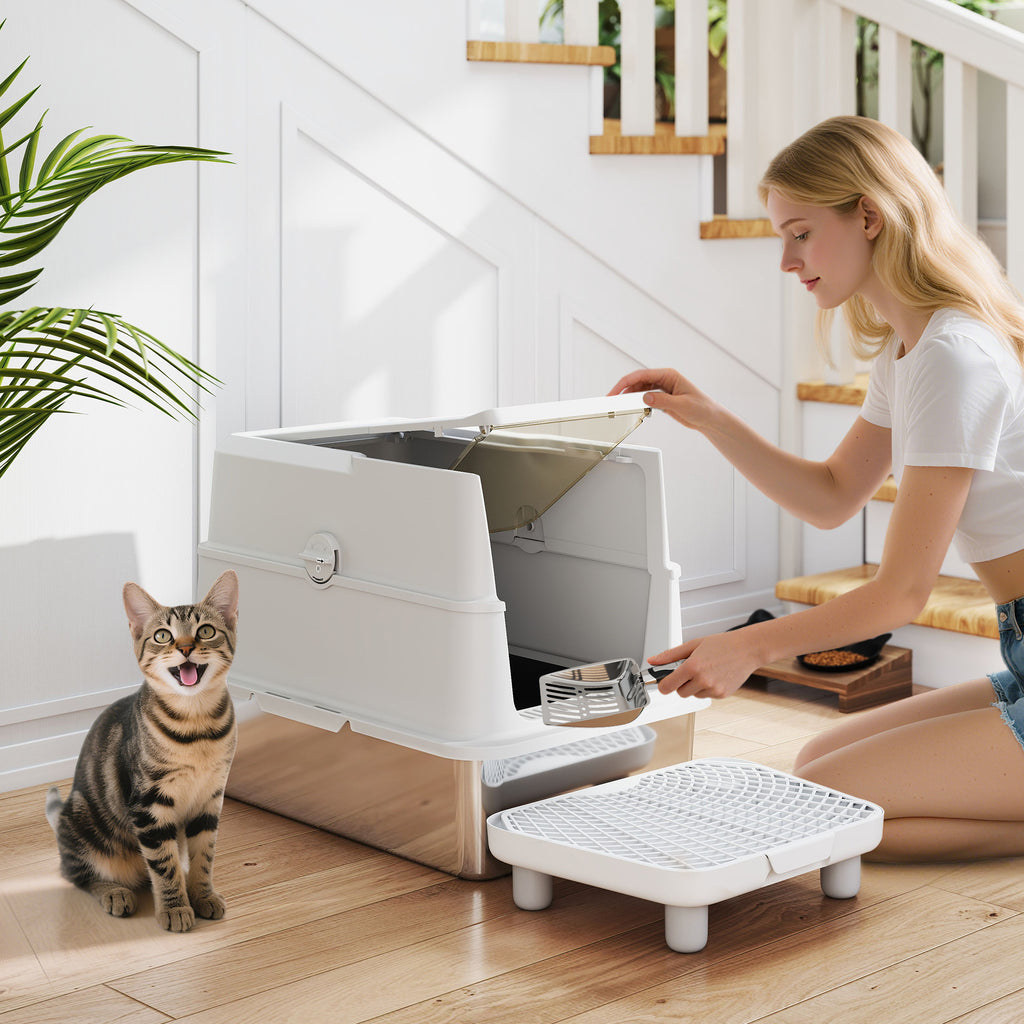 Extra Large Stainless Steel Cat Litter Box for Big Cats with Flip Cover, High-Sided Enclosure & Scoop